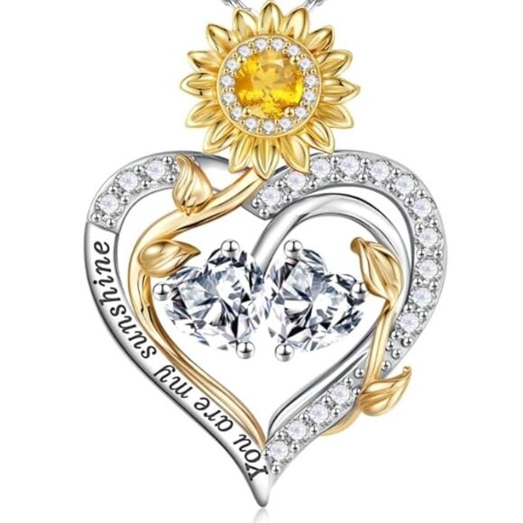 925 Sterling Silver Double Heart Sunflower Pendant Necklace NWT - Picture 7 of 7